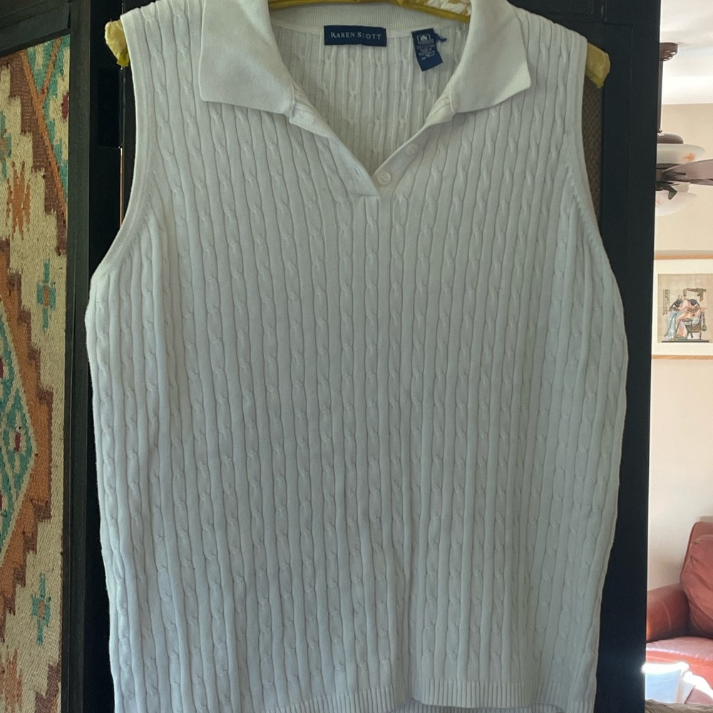 Karen Scott Ivory Cable Knit Polo Sweater